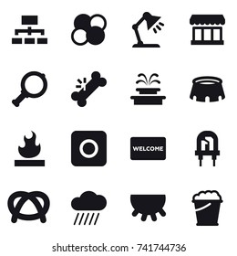 16 vector icon set : hierarchy, atom core, table lamp, market, magnifier, fountain, stadium, ring button, welcome mat, rain cloud, udder, foam bucket