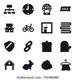 16 vector icon set : hierarchy, clock, notebook globe, sale, japanese house, bike, flower in window, towels, pan, cook glove, barn, rabbit, pile of garbage, hanger