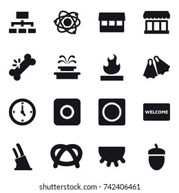 16 vector icon set : hierarchy, atom, market, fountain, flippers, watch, ring button, welcome mat, knife holder, udder, acorn