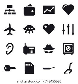 16 vector icon set : hierarchy, wallet, statistic, heart, plane, ufo, equalizer, safe, key, pan, scoop