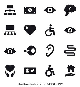 16 vector icon set : hierarchy, money, eye, brain, structure, heart, check in, invalid, housing