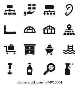 16 vector icon set : hierarchy, gift, structure, ruler, greenhouse, baggage trolley, nightstand, bbq, pool, viruses, sprayer
