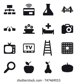 16 vector icon set : hierarchy, tap to pay, bridge, drawbridge, flower bed, hospital, camera, tv, stairs, apple, pear, pumpkin