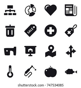 16 vector icon set : hierarchy, circle diagram, heart, newspaper, bin, sale label, slum, presentation, thermometer