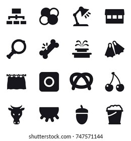 16 vector icon set : hierarchy, atom core, table lamp, market, magnifier, fountain, flippers, curtain, ring button, cherry, cow, udder, acorn, foam bucket