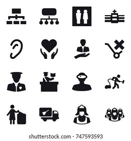 16 vector icon set : hierarchy, structure, wc, inspector, vacuum cleaner, garbage bin, home call cleaning, cleaner, outsource