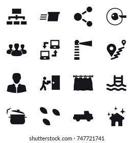 16 vector icon set : hierarchy, delivery, molecule, cell corection, group, notebook connect, lighthouse, curtain, pool, steam pan, seeds, pickup, house cleaning