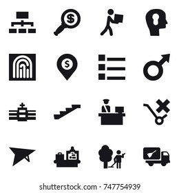 16 vector icon set : hierarchy, dollar magnifier, courier, bulb head, fingerprint, dollar pin, list, stairs, deltaplane, baggage checking, garden cleaning, home call cleaning