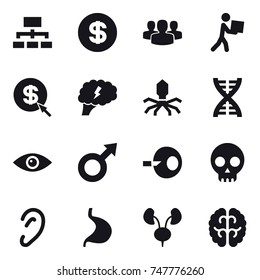 16 vector icon set : hierarchy, dollar, group, courier, dollar arrow, brain, virus, dna