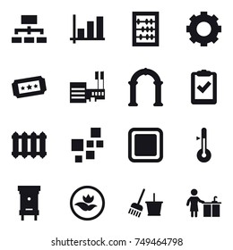 16 vector icon set : hierarchy, graph, abacus, gear, ticket, mall, arch, radiator, cutting board, thermometer, hive, ecology, bucket and broom, kitchen cleaning