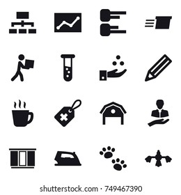 16 vector icon set : hierarchy, statistic, diagram, delivery, courier, vial, chamical industry, pencil, hot drink, barn, wardrobe, iron, pets, hard reach place cleaning