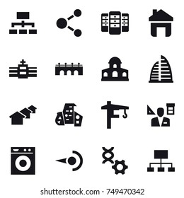 16 vector icon set : hierarchy, molecule, server, home, bridge, mansion, skyscraper, houses, modern architecture, tower crane, architector, washing machine