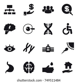 16 vector icon set : hierarchy, investment, group, dollar arrow, brain, cell corection, dna, hand drop, housing