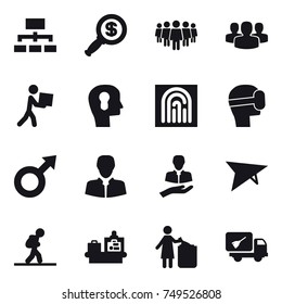 16 vector icon set : hierarchy, dollar magnifier, team, group, courier, bulb head, fingerprint, virtual mask, deltaplane, tourist, baggage checking, garbage bin, home call cleaning
