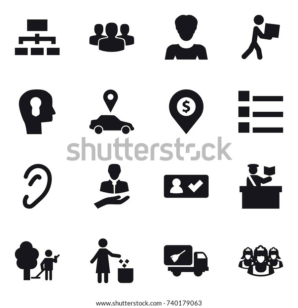16 vector icon\
set : hierarchy, group, woman, courier, bulb head, car pointer,\
dollar pin, list, check in, inspector, garden cleaning, garbage\
bin, home call cleaning,\
outsource
