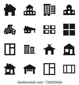 16 vector icon set : home, cottage, houses, mansion, modern architecture, house with garage, panel house, window, window, district, bungalow, home, home, garage, window, window