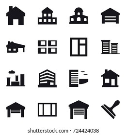 16 vector icon set : home, cottage, mansion, garage, house with garage, panel house, window, district, city, hotel, scraper