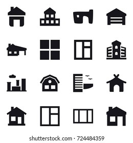 16 vector icon set : home, cottage, slum, garage, house with garage, window, building, city, house, hotel, bungalow