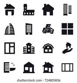 16 vector icon set : home, mansion, skyscrapers, skyscraper, modern architecture, window, building, house, real estate, hotel