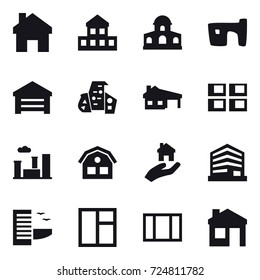 16 vector icon set : home, cottage, mansion, slum, garage, modern architecture, house with garage, panel house, city, house, real estate, hotel, window