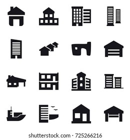 16 vector icon set : home, cottage, houses, skyscrapers, skyscraper, slum, garage, house with garage, modular house, building, district, hotel