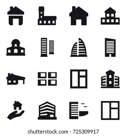 16 vector icon set : home, mansion, cottage, skyscrapers, skyscraper, house with garage, panel house, window, building, real estate, hotel