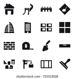 16 vector icon set : home, greate wall, bridge, under construction, skyscraper, panel house, window, brick wall, measuring tape, construction, level, architector, scraper