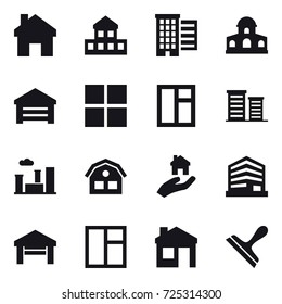 16 vector icon set : home, cottage, houses, mansion, garage, window, district, city, house, real estate, scraper