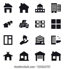 16 vector icon set : home, cottage, houses, modern architecture, panel house, window, real estate, hotel, bungalow, garage, house