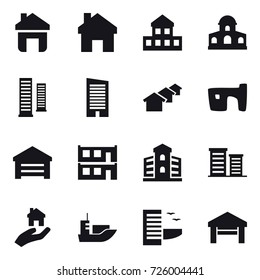 16 vector icon set : home, cottage, mansion, skyscrapers, skyscraper, houses, slum, garage, modular house, building, district, real estate, hotel