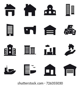16 vector icon set : home, mansion, skyscrapers, skyscraper, slum, garage, modern architecture, building, district, city, real estate, hotel
