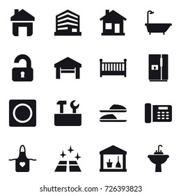 16 vector icon set : home, bath, unlocked, garage, crib, fridge, ring button, repair tools, slippers, apron, clean floor, utility room, water tap sink