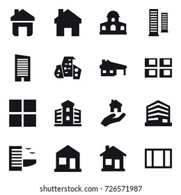 16 vector icon set : home, mansion, skyscrapers, skyscraper, modern architecture, house with garage, panel house, window, building, real estate, hotel