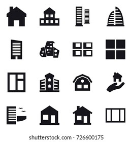 16 vector icon set : home, cottage, skyscrapers, skyscraper, modern architecture, panel house, window, building, house, real estate, hotel