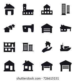 16 vector icon set : home, mansion, cottage, skyscrapers, houses, slum, garage, house with garage, modular house, district, real estate