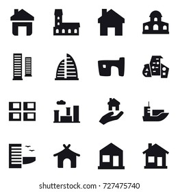 16 vector icon set : home, mansion, skyscrapers, skyscraper, slum, modern architecture, panel house, city, real estate, hotel, bungalow