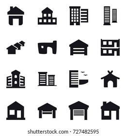 16 vector icon set : home, cottage, houses, skyscrapers, slum, garage, modular house, building, district, hotel, bungalow, house