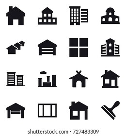 16 vector icon set : home, cottage, houses, mansion, garage, window, building, district, city, bungalow, house, scraper