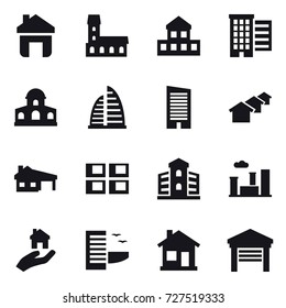 16 vector icon set : home, mansion, cottage, houses, skyscraper, house with garage, panel house, building, city, real estate, hotel, garage