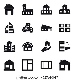 16 vector icon set : home, mansion, cottage, skyscraper, modern architecture, house with garage, panel house, building, house, real estate, hotel, window