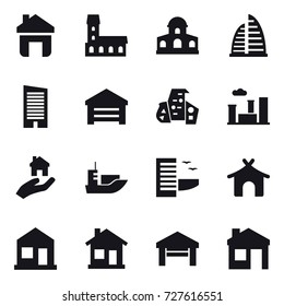 16 vector icon set : home, mansion, skyscraper, garage, modern architecture, city, real estate, hotel, bungalow, house