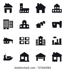 16 vector icon set : home, mansion, cottage, houses, slum, house with garage, panel house, building, city, garage, house