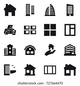 16 vector icon set : home, skyscrapers, skyscraper, modern architecture, panel house, window, building, house, real estate, hotel