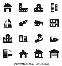 16 vector icon set : home, mansion, skyscrapers, skyscraper, houses, house with garage, modular house, building, district, real estate, hotel, bungalow, garage