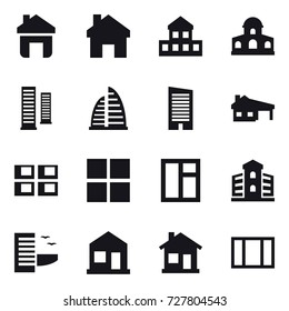16 vector icon set : home, cottage, mansion, skyscrapers, skyscraper, house with garage, panel house, window, building, hotel