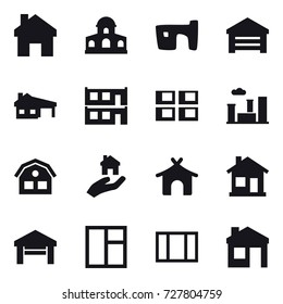 16 vector icon set : home, mansion, slum, garage, house with garage, modular house, panel house, city, house, real estate, bungalow, window