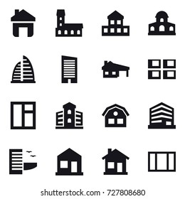 16 vector icon set : home, mansion, cottage, skyscraper, house with garage, panel house, window, building, house, hotel