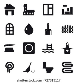 16 vector icon set : home, mansion, window, city, arch window, drop, scoop, fence, cutting board, ring button, pool, apron, broom, toilet, stack of towels