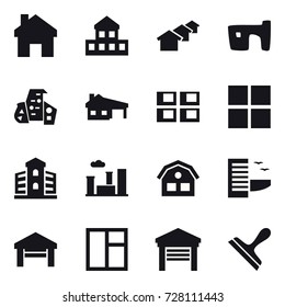 16 vector icon set : home, cottage, houses, slum, modern architecture, house with garage, panel house, window, building, city, house, hotel, garage, scraper