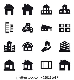 16 vector icon set : home, cottage, mansion, skyscrapers, modern architecture, house with garage, panel house, building, house, real estate, window
